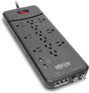 Tripp Lite TLP128TTUSBB 12 Outlet Surge Protector Power Strip, 2 USB Charging Ports, Tel/Modem/Coax Protection, 8ft Cord Right Angle Plug, Black, Lifetime Insurance & $150K Insurance