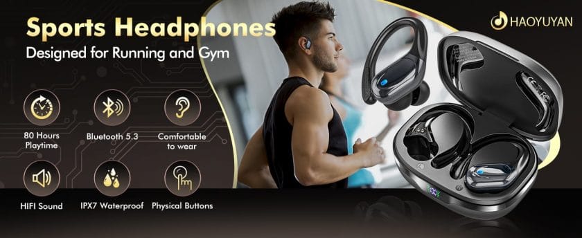 Wireless Earbuds, Sports Bluetooth Headphones, 80Hrs Playtime Ear Buds with LED Power Display, Noise Canceling Headset, IPX7 Waterproof Earphones for Workout/Running (Black) 8 wireless bluetooth earbuds
