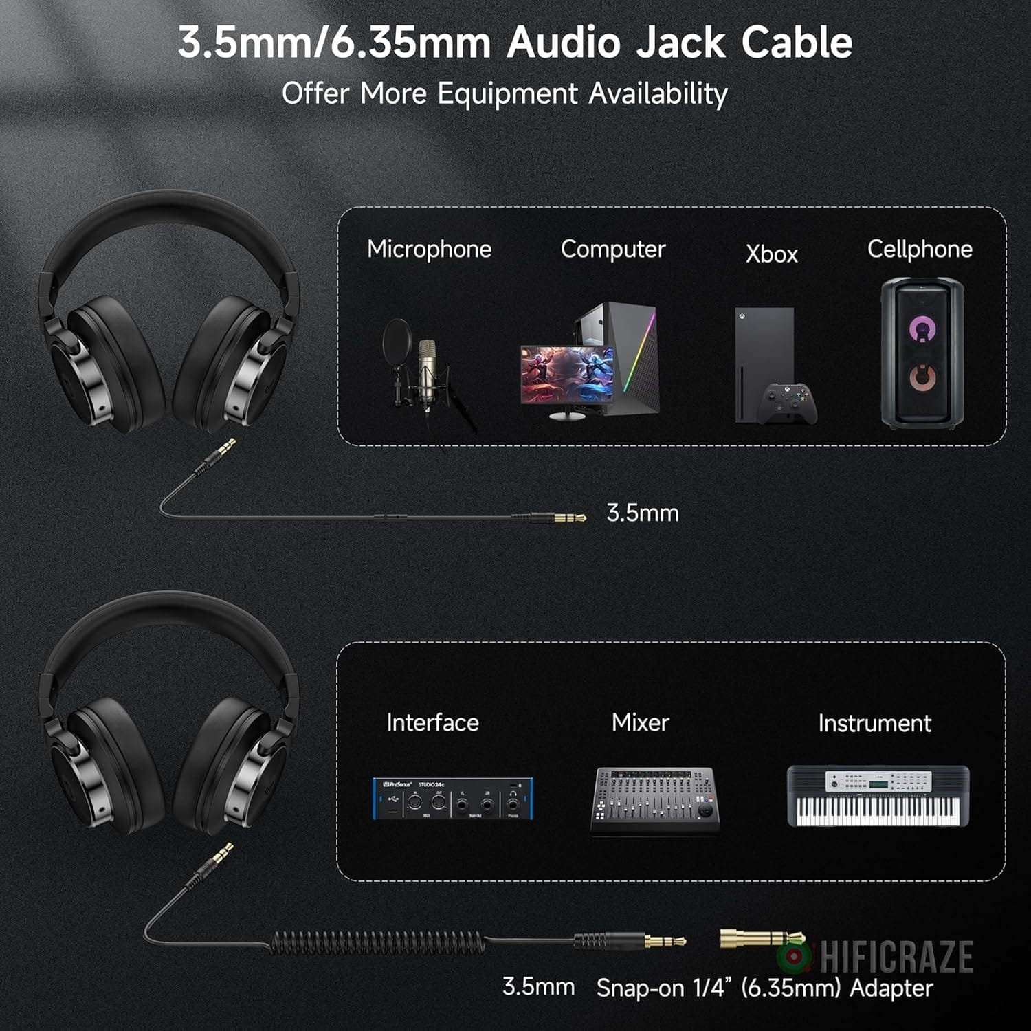 Wired Over Ear Headphones, Studio Monitor & Mixing DJ Headphones with 50mm Neodymium Drivers and 1/4 to 3.5mm Jack for Guitar AMP Podcast Piano Keyboard (Black) 6 Wired Over Ear Headphones, Studio Monitor & Mixing DJ Headphones with 50mm Neodymium Drivers and 1/4 to 3.5mm Jack for Guitar AMP Podcast Piano Keyboard (Black) - Image 6