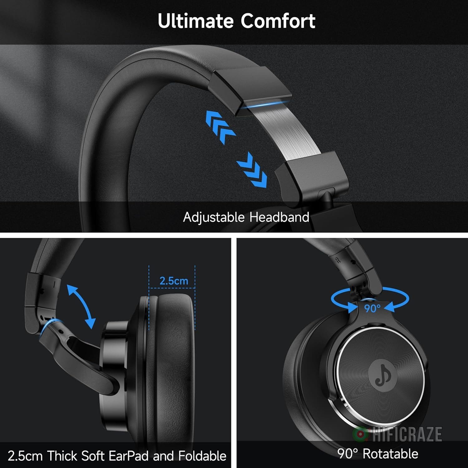 Wired Over Ear Headphones, Studio Monitor & Mixing DJ Headphones with 50mm Neodymium Drivers and 1/4 to 3.5mm Jack for Guitar AMP Podcast Piano Keyboard (Black) 7 Wired Over Ear Headphones, Studio Monitor & Mixing DJ Headphones with 50mm Neodymium Drivers and 1/4 to 3.5mm Jack for Guitar AMP Podcast Piano Keyboard (Black) - Image 7