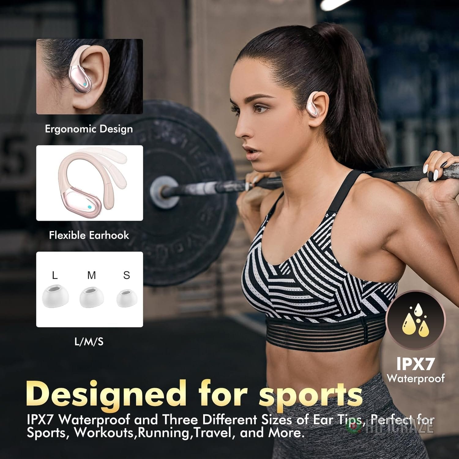 Wireless Earbuds, Sports Bluetooth Headphones, 80Hrs Playtime Ear Buds with LED Power Display, Noise Canceling Headset, IPX7 Waterproof Earphones for Workout/Running (Rose Gold) - Image 5