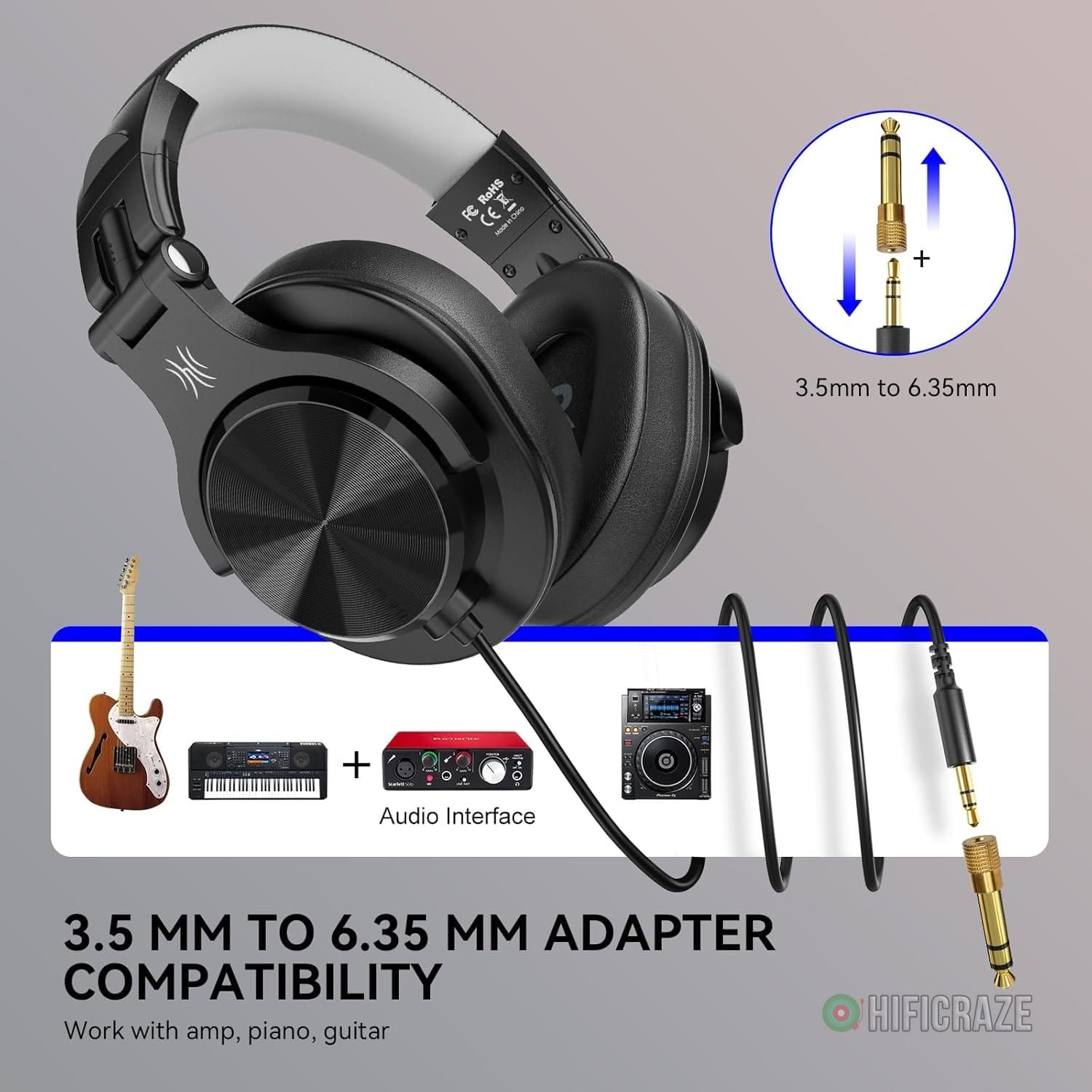 OneOdio A71D Wired Over-Ear Headphones, Studio Monitor Headsets, Hi-Res DJ Stereo Headphone with Foldable Design, 3.5/6.35MM Plug for AMP Recording Podcast Mixing PC Guitar - Black - Image 4