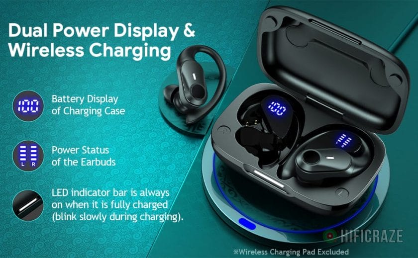Earbuds with dual power display & wireless charging