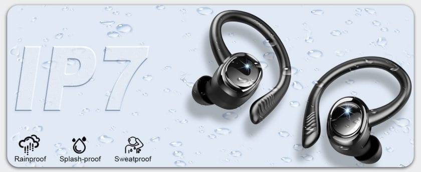 Black wireless sport earbuds with over-ear hooks design