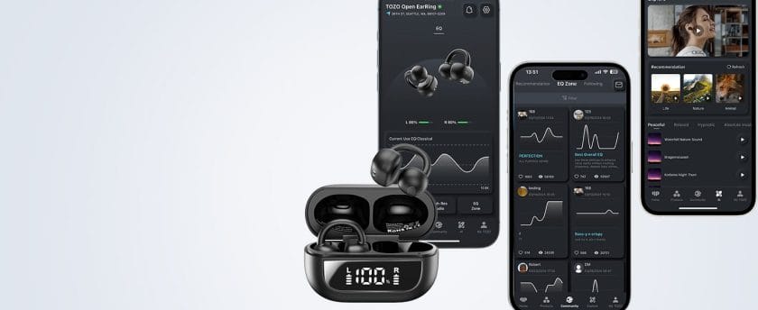 TOZO OpenEarRing True Open Ear Headphones, Lightweight Comfort Open Ear Clip Wireless Earbuds, 40H Play Bluetooth 5.4 Headphones with Smart Digital Display Design Fit Sports Running, Workout Black 7 Customized EQ Settings