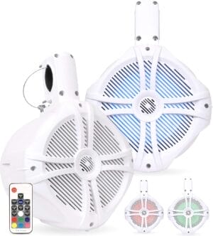 BELVA BWT8LED 600W Peak (300W RMS) 8" White Marine Tower Speakers with Multi-Color LED Lighting and Remote for Boats/ATV/UTV/Motorcycles/SxS/Golf Cart