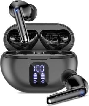 Bluetooth Headphones True Wireless Earbuds 50H Playback LED Power Display Earphones with Charging Case IPX7 Waterproof in-Ear Ear Buds with Mic for Smart Phone Computer Sports, Black