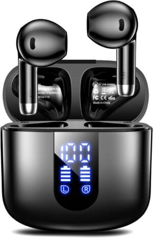 Wireless Earbuds, Bluetooth Headphones with Deep Bass Stereo, 48H Playback Ear Buds with LED Power Display, Lightweight, IPX7, in-Ear Earphones with Mic for iPhone/Android/iPad, Black