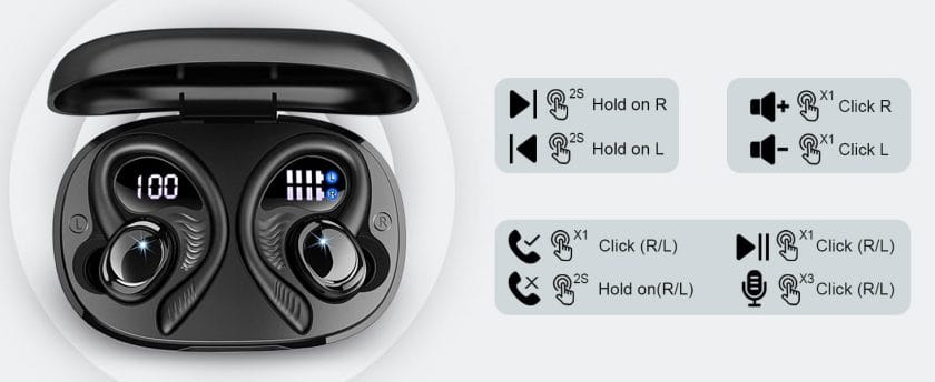Wireless earbuds in a charging case with LED display.