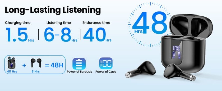 Wireless Earbuds, Bluetooth Headphones with Deep Bass Stereo, 48H Playback Ear Buds with LED Power Display, Lightweight, IPX7, in-Ear Earphones with Mic for iPhone/Android/iPad, Black 13 IPX7 Waterproof