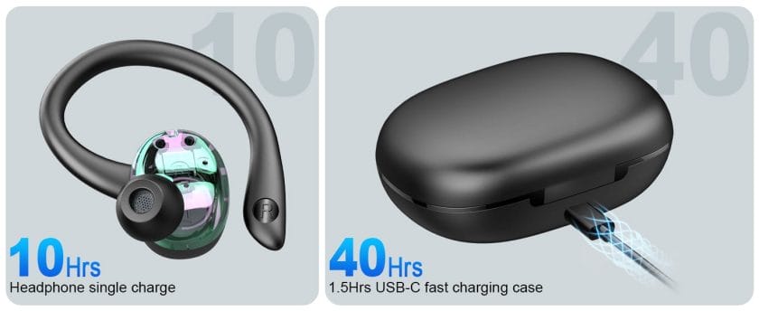 Wireless earbuds with ear hook and charging case.
